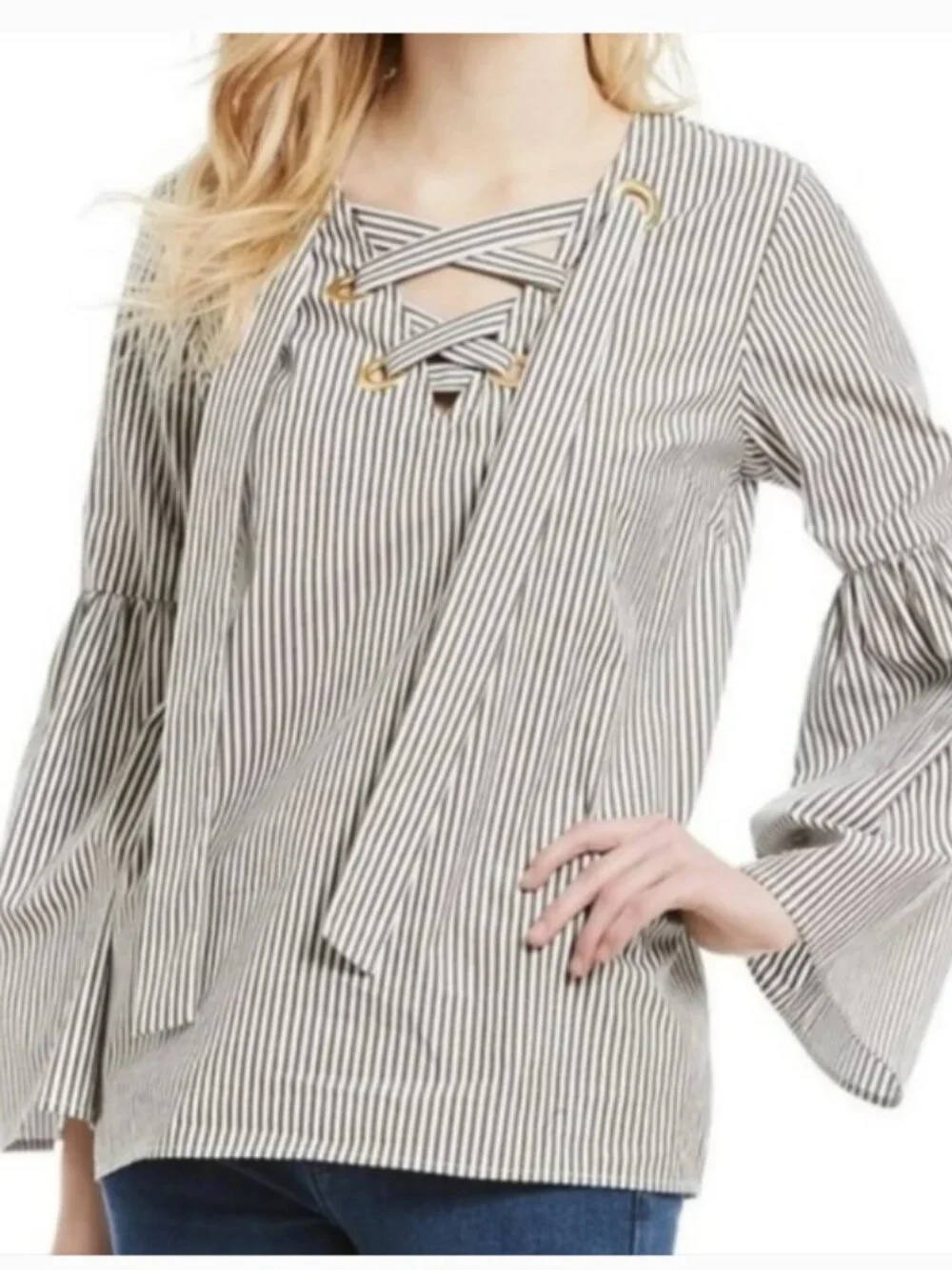 Michael Kors Blue White Stripe Lace-Up Bell Sleeve Blouse Size Medium